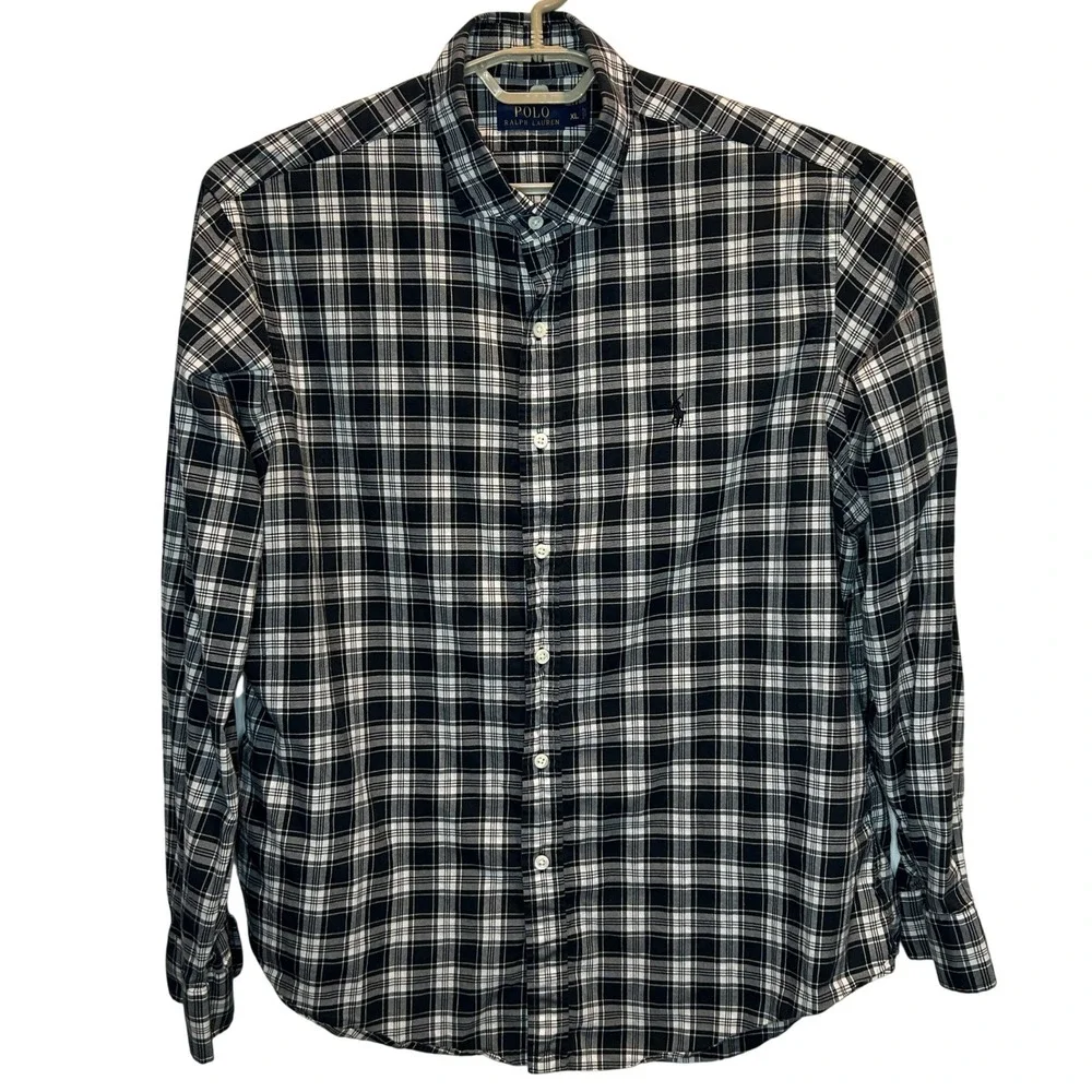 Polo Ralph Lauren Button Down XL Mens Black White Plaid Long Sleeve Cotton Shirt